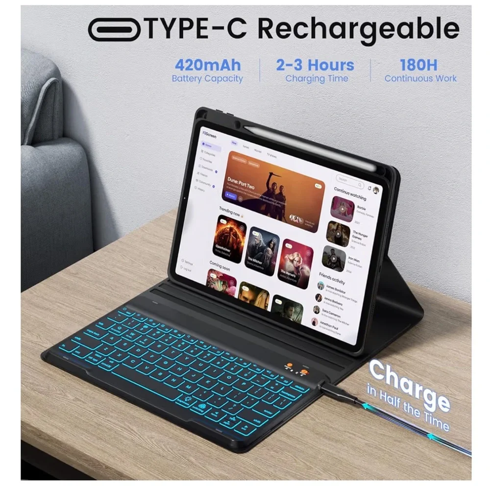 iPad Air 11” Folio Cover Keyboard Case 7-Color Backlit Pencil Holder Detachable